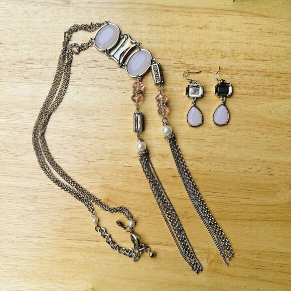 Vintage CHICO'S Necklace Earrings‎ Two Tone Pale Pink Crystal Long Tassel 23" - Picture 3 of 11